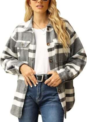 Yeokou Women's Fall Color Block Plaid Flannel Shacket Jacket Button Down Shirt Coat Tops