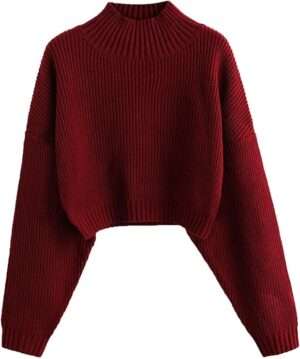 ZAFUL Women's Cropped Turtleneck Sweater Lantern Sleeve Ribbed