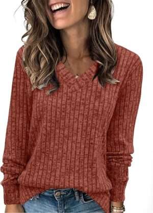 SAMPEEL V Neck Long Sleeve Shirts for Women Casual Fall Tops