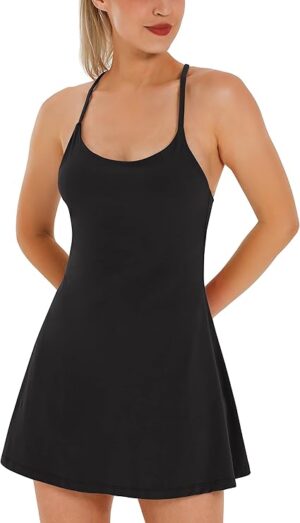 Womens Tennis Dress, Workout Dress with Built-in Bra & Shorts Pockets