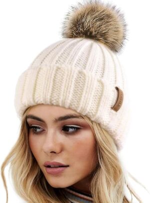 FURTALK Womens Winter Knitted Beanie Hat with Faux Fur Pom Warm