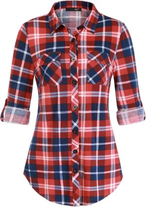 DJT Womens Soft Stretchy Knit Plaid Shirts Roll Up Long Sleeve Collared