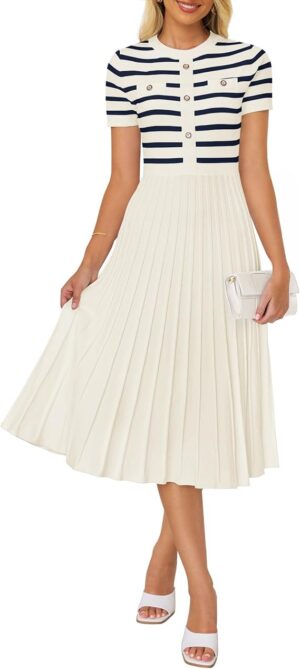 ZESICA Women's 2025 Casual Striped Midi Dress Crewneck Short Sleeve