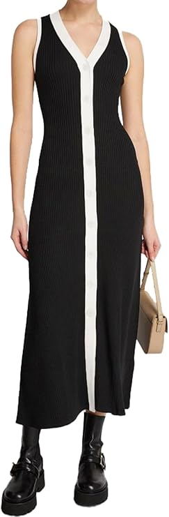 Women's Summer Sleeveless Button Down Sweater Dress Casual V-Neck Ribbed Knit