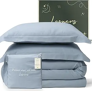 Lasuens Queen Lightweight Comforter and Celestial Blue Linen Duvet Cover