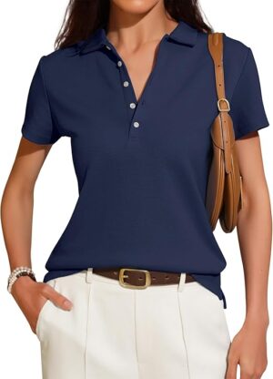 Women's Short Sleeve Polo Shirts 2025 Summer Collared V Neck Button
