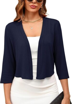 Women's 3/4 Sleeve Thin Shrugs Lightweight Open Front Cropped Cardigan for