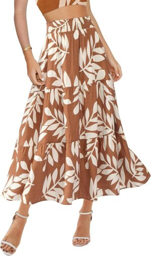 BTFBM Women's Floral Print Midi Maxi Skirts 2025 Summer Casual Aline Elastic High