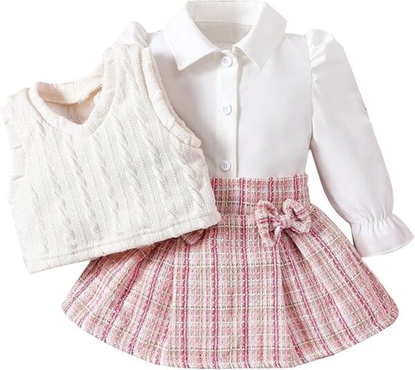 Baby Girl Fall Clothes 6-24 Months Puff Sleeve Blouse+Tartan Pleated Skirt+