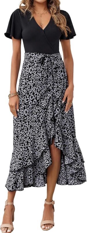 eBTFBM Womens Maxi Summer Dresses 2025 Short Sleev V Neck Boho Floral Print