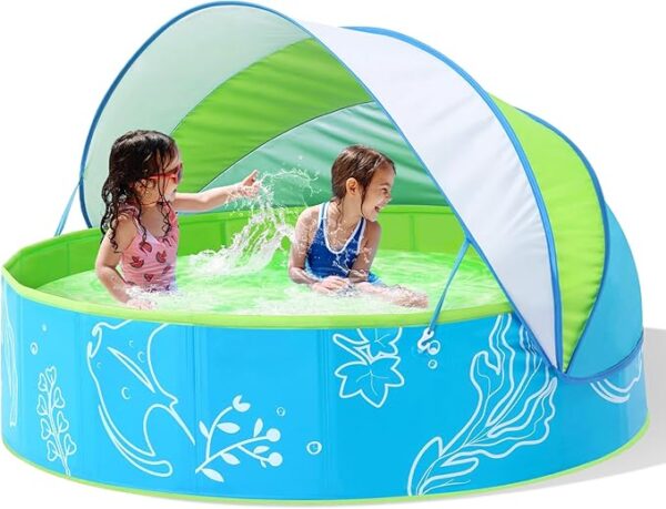 Foldable Kiddie Pool with Canopy: 47in Baby Pool and Beach Tent for
