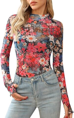 Ugerlov Womens Lace Long Sleeve Mesh Top Floral Mock Neck See Through