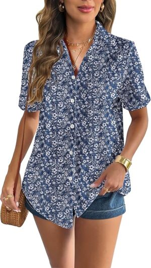 Zeagoo Women Linen Button Down Shirt Rolled Cuffed Short Sleeve