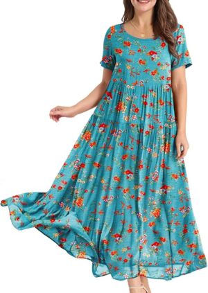 YESNO Women Casual Loose Bohemian Floral Dress with Pockets Short