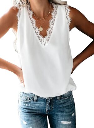 BLENCOT Women Tank Tops V Neck Sleeveless Lace Blouse Casual Vest
